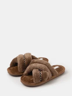 Accessorize chaussons à glissière croisée tressée duveteuse|Femme Chaussons