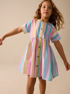 Best Next Arc-en-ciel - Robe boutonnée à Manches courtes Rayure (3-16ans)