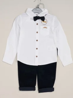 Outlet Little Gent - nœud papillon en velours côtelé avec nœud papillon et pantalon avec bretelles Bleu