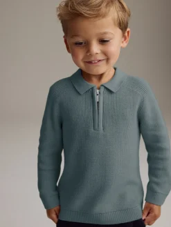 Best Next Bleu de sarcelle - Manches longues Quarter Zip Knitted Polos (3mths-7yrs)