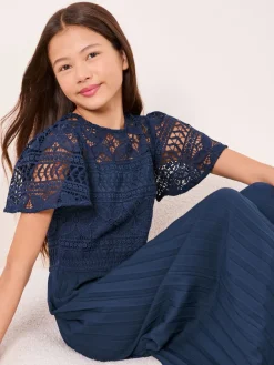 Best Lipsy Bleu marine - Combinaison d'occasion en dentelle à manches volantes (5-16yrs)