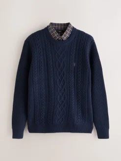 Best Next Bleu marine - Pull chemise à torsade Aran Coupe classique