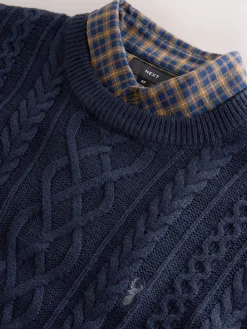 Best Next Bleu marine - Pull chemise à torsade Aran Coupe classique