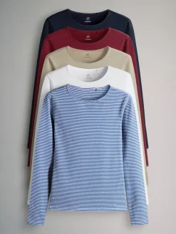 Discount The Set - 5 Lot Manches longues Col rond T-shirt Bleu marine/Rayure bleu clair/Rouge/Beige Sable Marron/Blanc