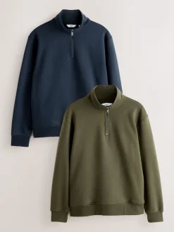 Discount Next Bleu marine/vert kaki - Lot de 2 sweat-shirts à col zippé en jersey épais riche en coton
