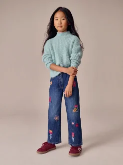 Outlet Next Bleu moyen - Jean droit brodé fleuri (3-16ans) Ajustement régulier