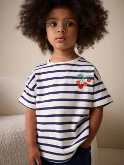 Best Next Cerise Écru/Bleu marine Rayure - T-shirt brodé à manches courtes (3mois à7ans)
