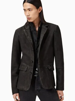 All Saints Gris Anthracite - Blazer AllSaints Survey en cuir daim gris double couche|Homme Blazers Et Vestes Habillées