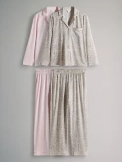 Hot The Set Imprimé animal/rose - lot de 2 pyjamas longs boutonnés en Blend de viscose polyester avec passepoil