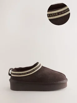 Baker by Ted Baker Marron chocolat - Chaussons mules en daim déperlant pour fille| Chaussons