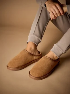 Next Marron fauve - Chaussons mules en daim doublés de fausse fourrure Signature|Homme Chaussons|Vêtements Détente