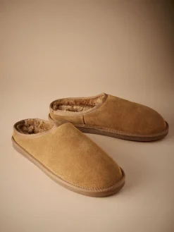 Next Marron fauve - Chaussons mules en daim doublés de fausse fourrure Signature|Homme Chaussons|Vêtements Détente