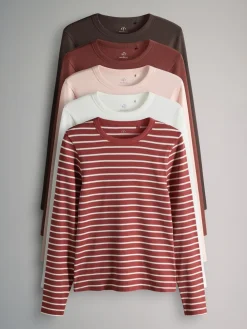 Clearance The Set - 5 Lot Manches longues côtelées T-shirt Marron/Rose/Blanc/Rayure