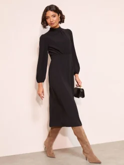 Best Friends Like These Noir - Col montant Manches longues Mi-long Robe avec détails en nœud