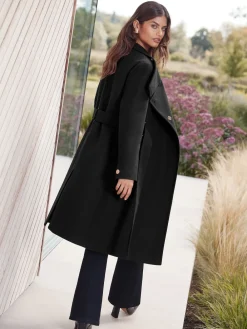Clearance Lipsy Noir - Manteau asymétrique à col cheminée ceinturé