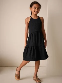 Hot Next - Robe d'été à bretelles Effet froissé (3-16ans) Noir