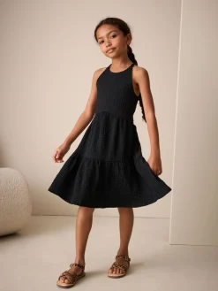 Hot Next - Robe d'été à bretelles Effet froissé (3-16ans) Noir