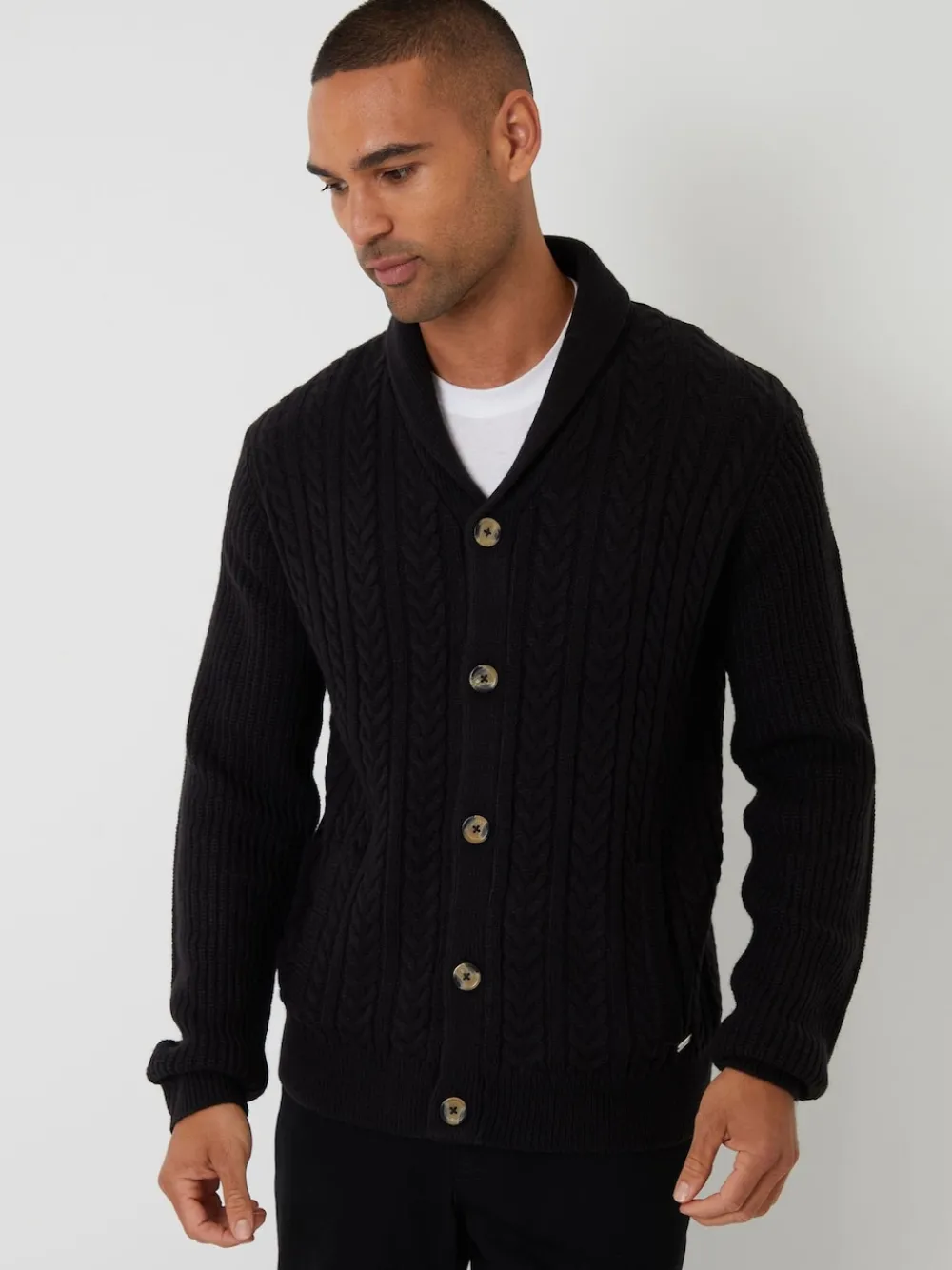 Best Threadbare Noir - Cable Knit Shawl Collar Cardigan With Wool