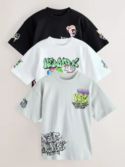 New Next - Lot de 3 t-shirts à manches courtes à imprimé graphique décontractés (3-16ans) Noir/Blanc/Gris