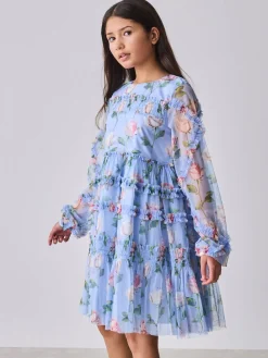 Baker by Ted Baker Robe bleue en maille à volants et imprimé fleuri| Robes|Tenues Grandes Occasions