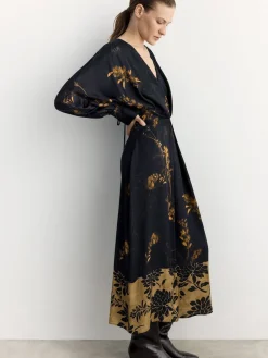 BHOEM Robe Mi-longue Satin Fleuri Imprimé Noir Kimono|Femme Tenues Grandes Occasions