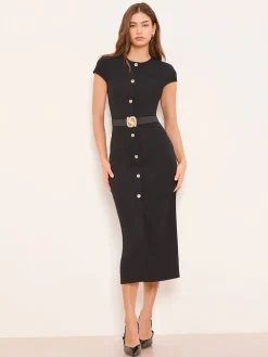 Lipsy Robe mi-longue bodycon à manches bonnets boutonnée à travers la ceinture