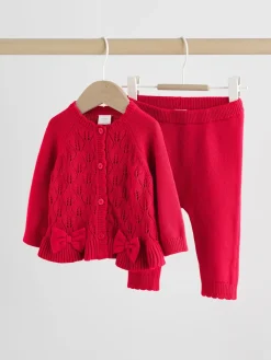 Discount Next Rouge - Ensemble cardigan en maille à nœud à volants (0mois-3ans)