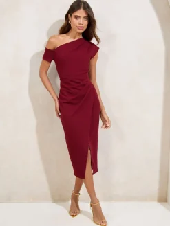 Best Lipsy Rouge bordeaux - Robe mi-longue à taille froncée et à épaules découvertes