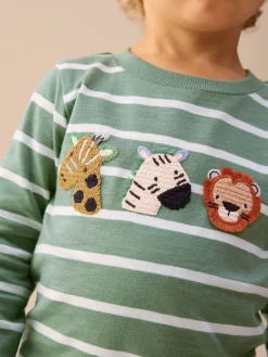 Best Next - T-shirt appliqué à manches longues (3 mois-7 ans) Safari à rayures vertes/blanches