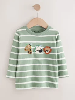 Best Next - T-shirt appliqué à manches longues (3 mois-7 ans) Safari à rayures vertes/blanches