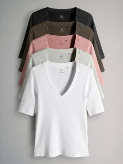 Online The Set lot de 5 t-shirts côtelés à manches courtes et col en V